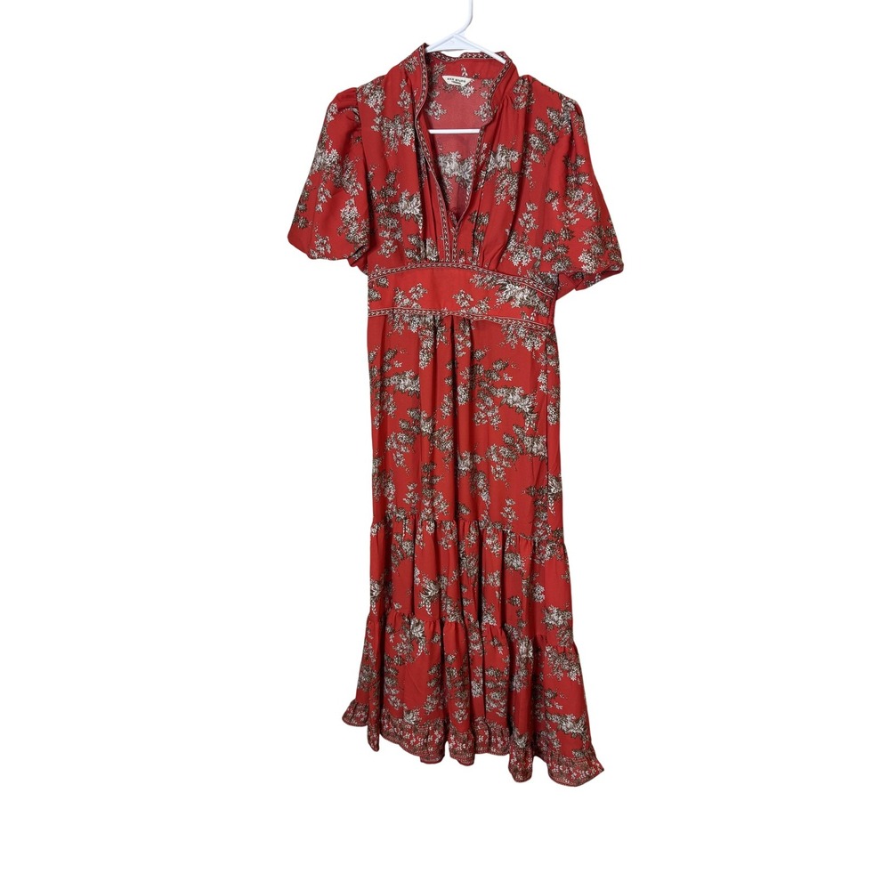 Max Studio Dress Womens XS Red Floral Boho V Neck Puff Sleeve Maxi Smocked Waist